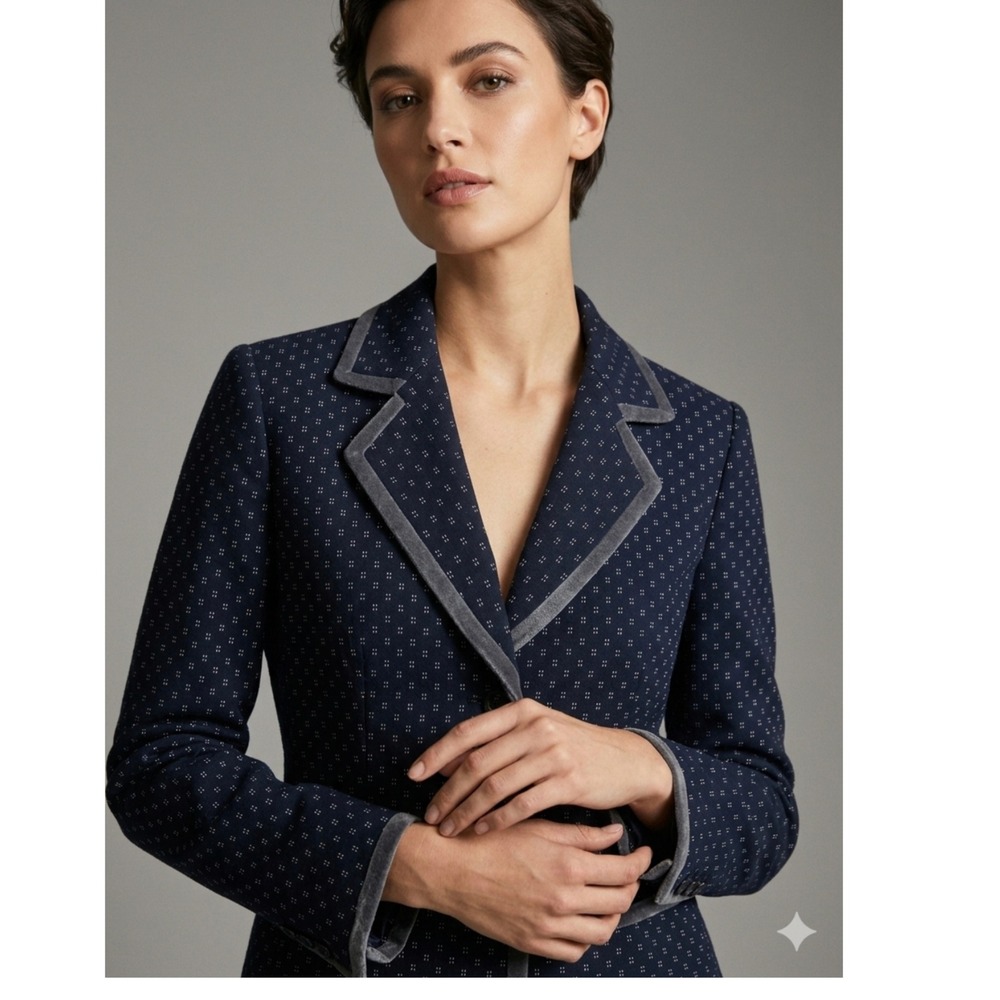 Lafayette 148 New York Navy Geometric Blazer Velvet Trim Size 10